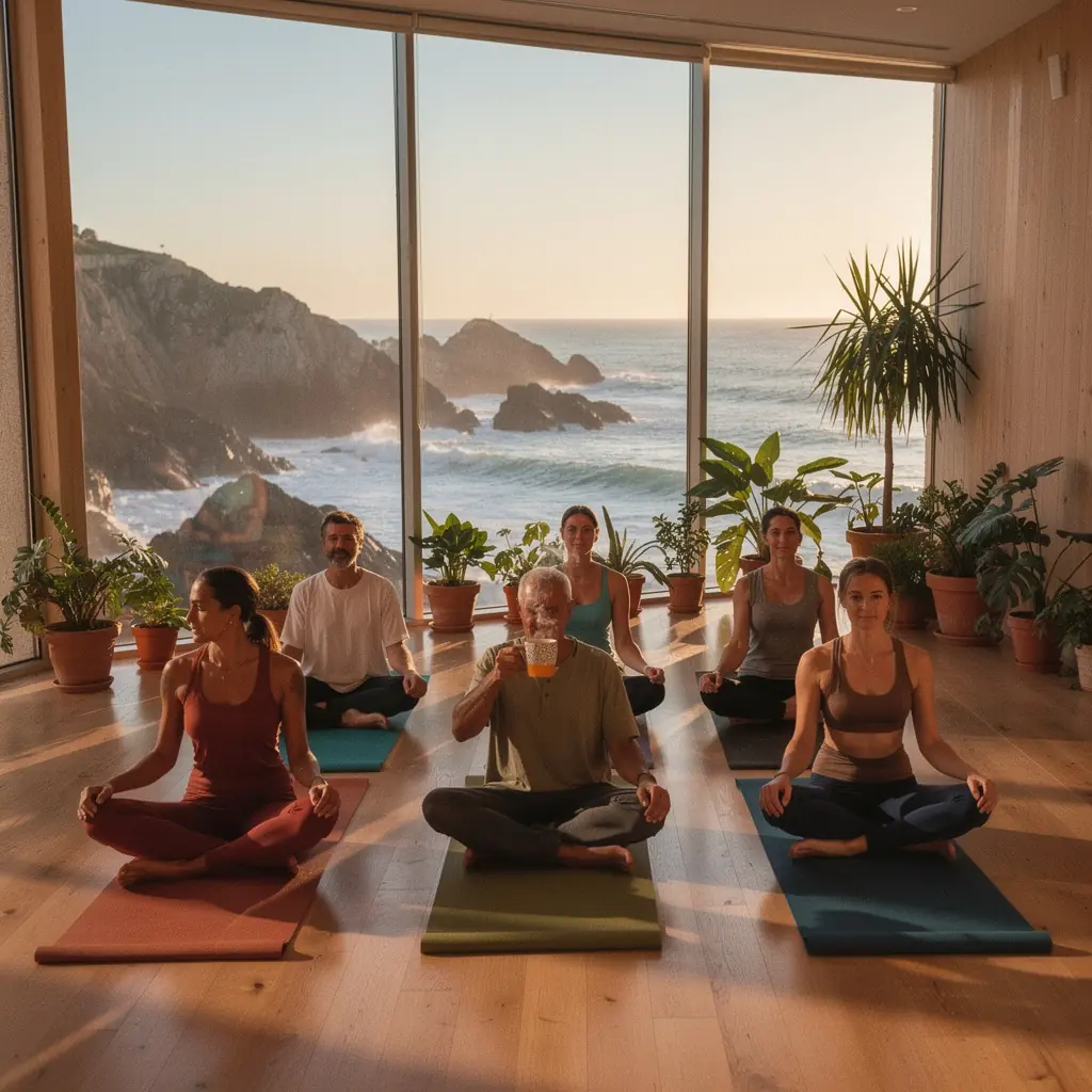 Ingredientes saudáveis dispostos artisticamente, incluindo peixes, vegetais e sementes em uma tábua de corte.